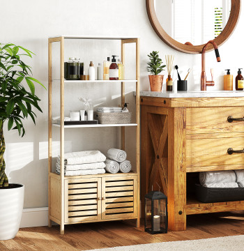 Mensola per bagno Bamboo con 3 aperto scaffale bagno con porte girevole 63x30x138 cm Legno e bianco