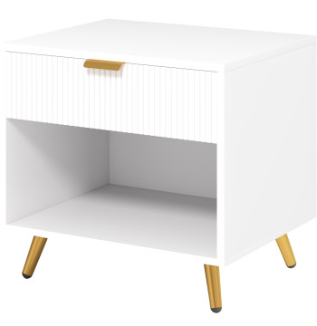 Mesa de Cabeceira Moderna Mesa de Cabeceira com Gaveta Puxador Dourado e Compartimento Aberto Mesa Auxiliar para Sala de Estar Dormitório 50x40x47 cm Branco