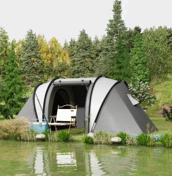 Tente de camping familial pour 4-5 personnes Tente de camping étanche Tunnel 3000 mm avec 2 chambres Sac de transport et crochet Idéal pour la marche et la pêche grise