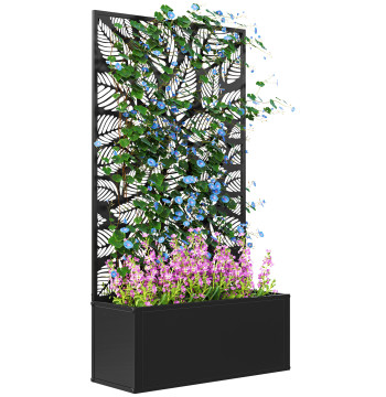Fleur en métal d'extérieur avec écran de confidentialité avec feuilles décoratives Fleur murale ou indépendante pour balcon de cour 61x23x113 cm Noir