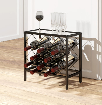 Suporte para Garrafas de Vinho para 10 Garrafas Suporte com Bancada de Vidro Temperado e Estrutura de Aço para Sala de Estar ou Jantar 41x22x41 cm Preto