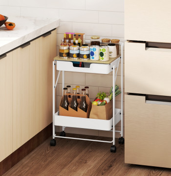 Panier auxiliaire avec roues de 2 Niveaux Panier de cuisine avec 1 Tiroir et 1 Organisateur de Panier pour Dortoir Bureau 45x29,5x68 cm Blanc