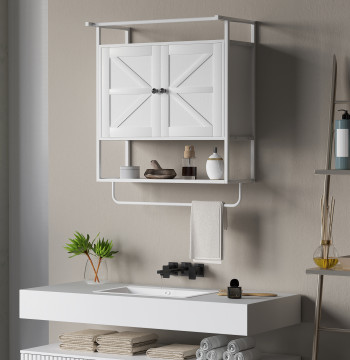 Armario de Parede para Casa de Baño Multiusos Móvil Suspenso de Almacenamiento con 2 Puertas Prateleira y Barra para Toallas 63x34x75 cm Blanco