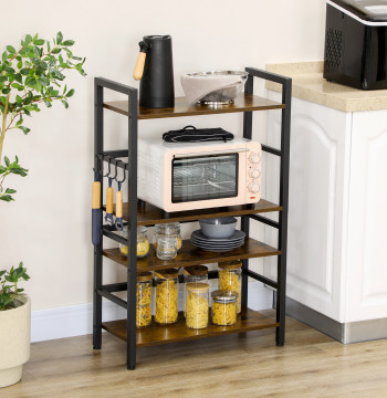 Estante de Cozinha de 4 Níveis Estante de Cozinha com 4 Prateleiras Ganchos e Sistema Anti-Tombo Estante para Micro-Ondas 65x30x102 cm Castanho Rústico e Preto