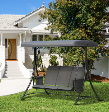 Baloiço de 3 Lugares para Jardín o Varanda con Toldo Ajustable y Bolsos Laterais 196x128x172 cm Cinzento Escuro