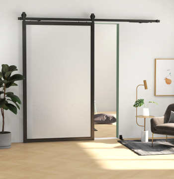 8FT/244cm Kit de ferragens para porta deslizante com amortecedor sem perfuração Kit de ferragens para porta deslizante com 2 trilhos para celeiro preto