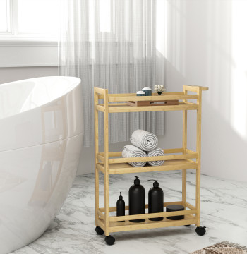Panier pour salle de bain en bambou avec 3 niveaux Panier d'emballage avec roues pour cuisine salle de bain 55x20x75 cm bois