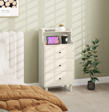 Cómoda com 3 Gavetas Cómoda de Quarto Estreita com Prateleiras Abertas Anti-Tombo Gaveteiro Alto para Sala de Estar Corredor 47x29x95 cm Branco Acinzentado