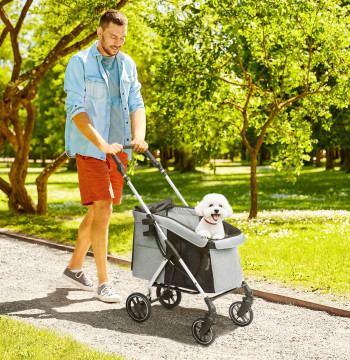 Carrinho para Cães Dobrável Carrinho de Passeio para Cães Pequenos com Rodas Universais Correia de Segurança Almofada Lavável e Janelas 80x48,5x106 cm Cinzento Claro