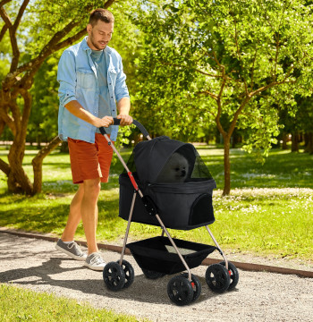 Carrinho para Cães Dobrável 3 em 1 Carrinho para Animais Carrinho para Cães Miniatura com Cesta de Armazenamento Janela de Malha Portacopos e 2 Rodas Universais 76x50x102 cm Preto