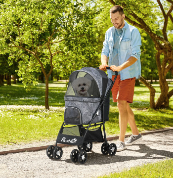 Carrinho para Cães Dobrável Carrinho para Animais de Estimação Carrinho para Cães Pequenos com Cesta de Armazenamento Capota Ajustável Janela de Malha e 2 Rodas Universais 81x48x99 cm Cinza