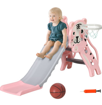 Escorrega para Crianças 2 em 1 Escorrega para Crianças de 18 a 36 Meses com 2 Degraus Cesta de Basquetebol e Desenho de Tigre para Interior 133x60x70 cm Rosa e Cinza