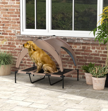 Lit de chien haut avec auvent pour chiens moyens avec structure en acier et sac de transport pour intérieur et extérieur 106x76x94 cm brun clair