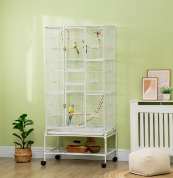 Uccello gabbia con ruote 83x53x180 cm Gabbia metallica 3 Livelli con 3 Poli Mangiatori Giocattoli Ramps e Storage Shelf per Canarie Parachitos Bianco