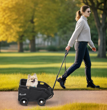 Chariot de chien pliable Panier pour animaux de compagnie Estimation Panier pour chiens Miniature avec barre de poussoir réglable Open Design Coussin Sac de rangement et roues 53x45x28 cm Noir
