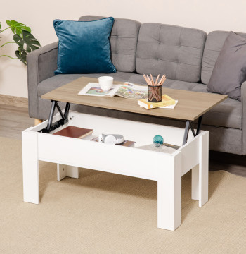 Tavolo centrale con sedia ascensore Tavolino da caffè con scomparto aperto e nascosto 100x50x45-58.5 cm Bianco e Madeira