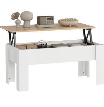Mesa de Centro com Bancada Elevatória Mesa de Café com Compartimento Aberto e Oculto 100x50x45-58,5 cm Branco e Madeira