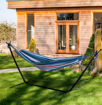 Rete di letto con supporto 310x117 cm Rete di campeggio del letto con l'altezza della borsa di trasporto portatile Capacità regolabile 120 kg per il patio blu e il balcone bianco