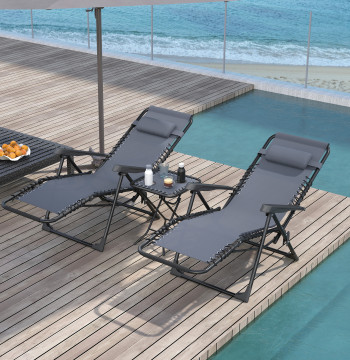 Ensemble de 2 chaises longues de jardin pliables avec verres de table auxiliaires Zero Gravity Chaises longues avec dossier réglable Supports de bras amovibles pour patio de piscine gris