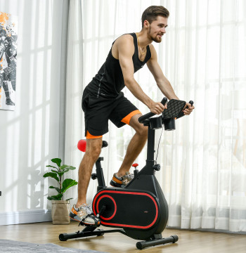 Bicicleta Estática com Ecrã LCD Assento e Guiador Ajustáveis Volante 4 kg e Porta Garrafa 93x48,5x102-112 cm Vermelho e Preto