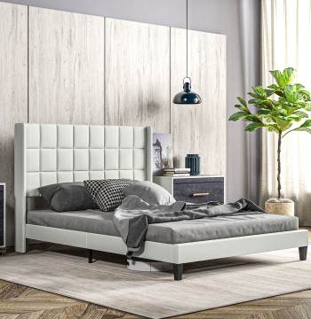 Cama 135x190 cm Estrutura de Cama com Cabeceira Estofada em Linho e Espaço de Armazenamento Debaixo da Cama Carga 300 kg Bege