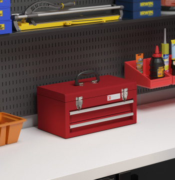 Caixa de Ferramentas de Aço com 2 Gavetas Tampa Abatível e Fechaduras Metálicas Mala de Ferramentas Portátil para Oficina Bricolage Casa 46x24x22 cm Vermelho