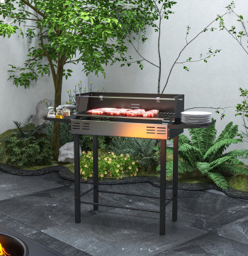 Barbecue Charcoal Portable 118x32x90 cm con bastone girevole regolabile in altezza con 3 livelli Griglie pieghevoli e cascata per Picnics e campeggio nero