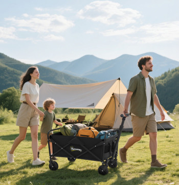 Carrello da trasporto con ruote Cart da giardino pieghevole con maniglia telescopica regolabile 2 sacchetti di fissaggio Beach Cart Garden Cargo 120 kg 64x42x27 cm Nero