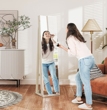 Joalheiro de Pé Armário para Joias con 6 Luces LED Cerrar Organizador de Joias con Prateleiras Soportes para Anillos 38x38x157cm Blanco y Bege