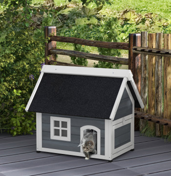Casa para Gatos de Madeira Abrigo para Gatos con Telhado Asfáltico Rebatible Janela y Portas con Cortina Refúgio para Animales de Estimación para Exterior 77x57,5x68 cm Cinzento y Negro