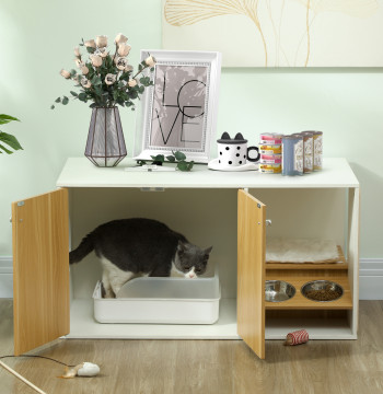 Móvil Caja de arena para gatos 3 en 1 Mesa Auxiliar Caja de Arena para Gatos con Puertas Almohada Tigelas Tapete para Arranar y Compartimiento para Sala de Estar Habitación 95x48x50,5 cm Blanco y Carvalho
