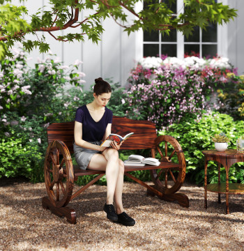 Banca esterna del giardino di legno con braccioli a forma di ruota Stile rustico Carica 240 kg 2 Luoghi per Patio Balcone 110x50x80 cm Nogueira