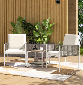 Conjunto de Jardín de 3 Piezas Conjunto de 2 Sillas y Mesa de Vime con Almohadas Acolchoadas y Bancada de Vime para Varanda Pátio Marrom Acinzentado y Creme