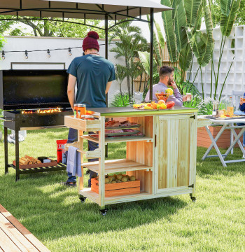 Carretto di servizio del barbecue del legno con 4 ruote del Governo del scaffale dell'acciaio inossidabile dell'asciugamano e della spia per il patio del giardino 134.5x50x91,5 cm Legno