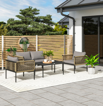 Ensemble synthétique Wipe Garden 4 pièces de mobilier extérieur comprend 1 canapé double 2 chaises et table centrale avec bois et oreillers gris