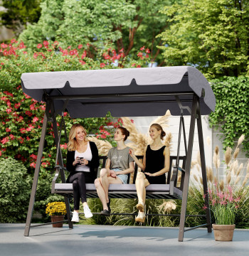 Jardín para 3 Personas Banco Baloiço con Toldo Ajustable Almofada y Estructura de Acero Resistente a las Intempéries 205x133x181 cm Cinzento