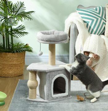 Inicio para gatos Altura 66 cm Arranhador para Gatos con Cama Caverna Plataforma Bola Suspensa y Poste de Juta 42x30x66 cm gris
