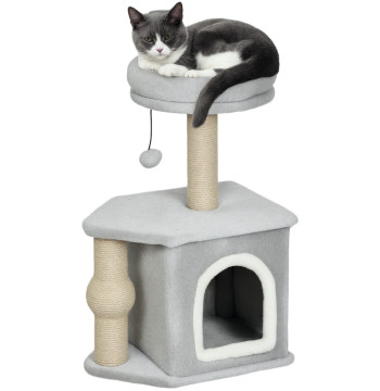 Arranhador para Gatos Altura 66 cm Arranhador para Gatos com Cama Caverna Plataforma Bola Suspensa e Poste de Juta 42x30x66 cm Cinza