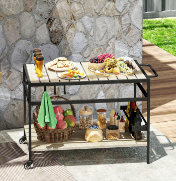 Carrello multifunzionale con ruote in legno Carrello di servizio con Slip Bench 2 cesoie 3 ganci Carrello per giardino Balcone Cortile 107x65x80 cm Legno