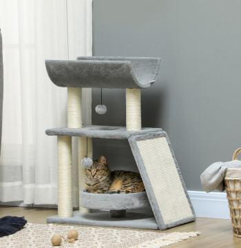 Arrador para Gatos Arranhador para Gatos Altura 76 cm com 4 Postes de Arranhar Cama Plataforma em U Almofada para Arranhar Bolas Suspensas Cinzento