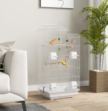 Cage pour passage en métal avec portes multiples 4 nourrisseurs 3 pôles Escaliers à bascule et plateau amovible pour Paraket Canary 46x36x100 cm Blanc