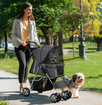Panier pour chiens plegables, Coche pour petits chiens avec panier de rangement, Fenêtres réseau, Supports de coupe, Roues EVA, Coussin lavable, Freins, Charge 10 kg, 75x45x97 cm, Gris foncé