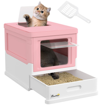 Scatola di sabbia per gatti scatola di sabbia pieghevole per gatti Chiuso con vassoio di copertura smontabile porta di ingresso soffitto e pad 47.5x35,5x36,7cm Rosa