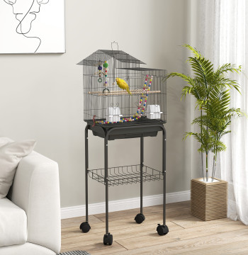 Gaiola para Passáros Gaiola de Metal con Múltiples Puertas 4 Comedouros 3 Poleiros Baloiço Escadas y Bandeja Removible para Periquitos Canarios 46x36x120 cm Negro