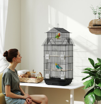 Gaiola de Metal para Pássaros com Bandeja Amovível Gaiola para Canários com 4 Comedouros 3 Poleiros e 1 Baloiço para Periquitos 50,5x41x104 cm Preto