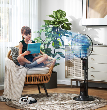 Ventilateur de pied avec nébuliseur 75 W Dépôt minuterie 3.2L Télécommande 3 Vitesses 3 hélices et écran LED Ø44.5 cm noir
