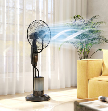 Viento de pie con Nebulizador 75 W Temporizador Depósito de 3,2L Control Remoto 3 Velocidad 3 Hélices y Pantalla LED Ø44,5 cm Negro