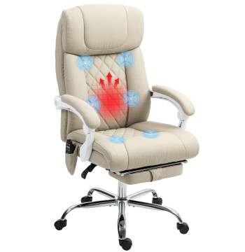 Cadeira de Escritório com Massagem Reclinável Cadeira Giratória com Altura Ajustável Função de Aquecimento Apoio para Pés Encosto Alto e Controlo Remoto para Estudo 66x70x112-120 cm Bege