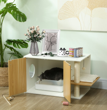 Mobile Cat Sable Box 3 en 1 Table auxiliaire Cat Sable Box avec porte-poste pour Scratching et Centre de Jeu pour Salon Chambre 94x48x50.5 cm Chêne et blanc