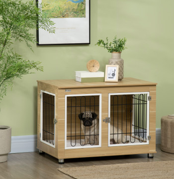 Gaiola para Cães com Mesa Auxiliar e Almofada Lavável Gaiola para Animais com Estrutura de Aço para Cães Médios e Grandes 90x58x65 cm Carvalho
